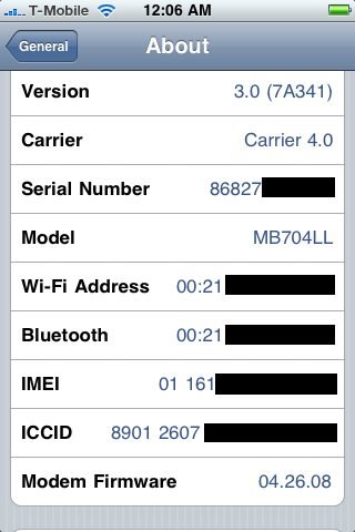Screenshot zeigt iPhone 3G mit Baseband 04.26.08