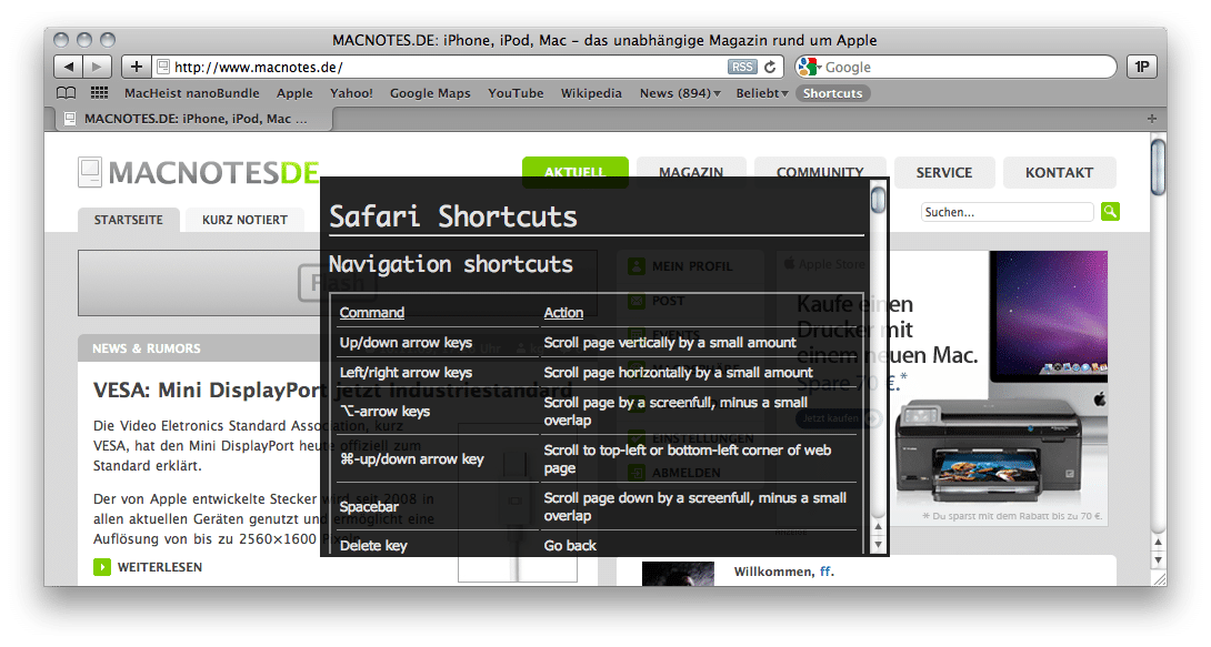 Safari Shortcuts per Lesezeichen
