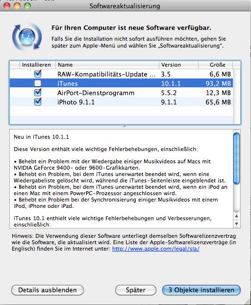 iPhoto 9.1.1, iPhone Configuration Utility Updatemeldung