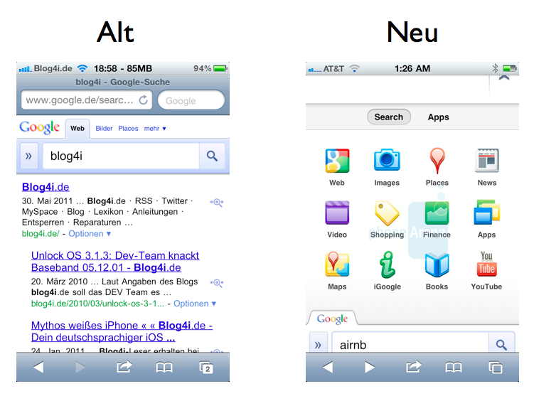 Google Mobile Suche - Vergleich alt gegen neu