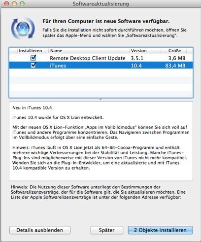 iTunes 10.4 - Updatemeldung