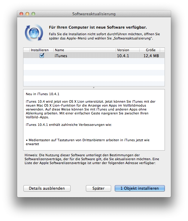 iTunes 10.4.1 - Updatemeldung