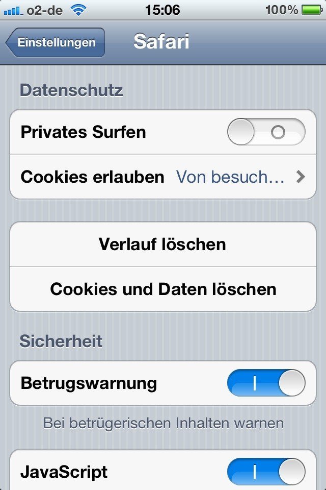 Mobile Safari Privatsphäre-Einstellungen