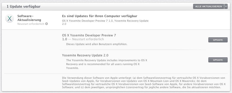 OS X 10.10 - Developer Preview 7 Update-Meldung
