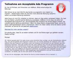 AdBlock - Meldung über Teilnahme am Acceptable Ads Programm