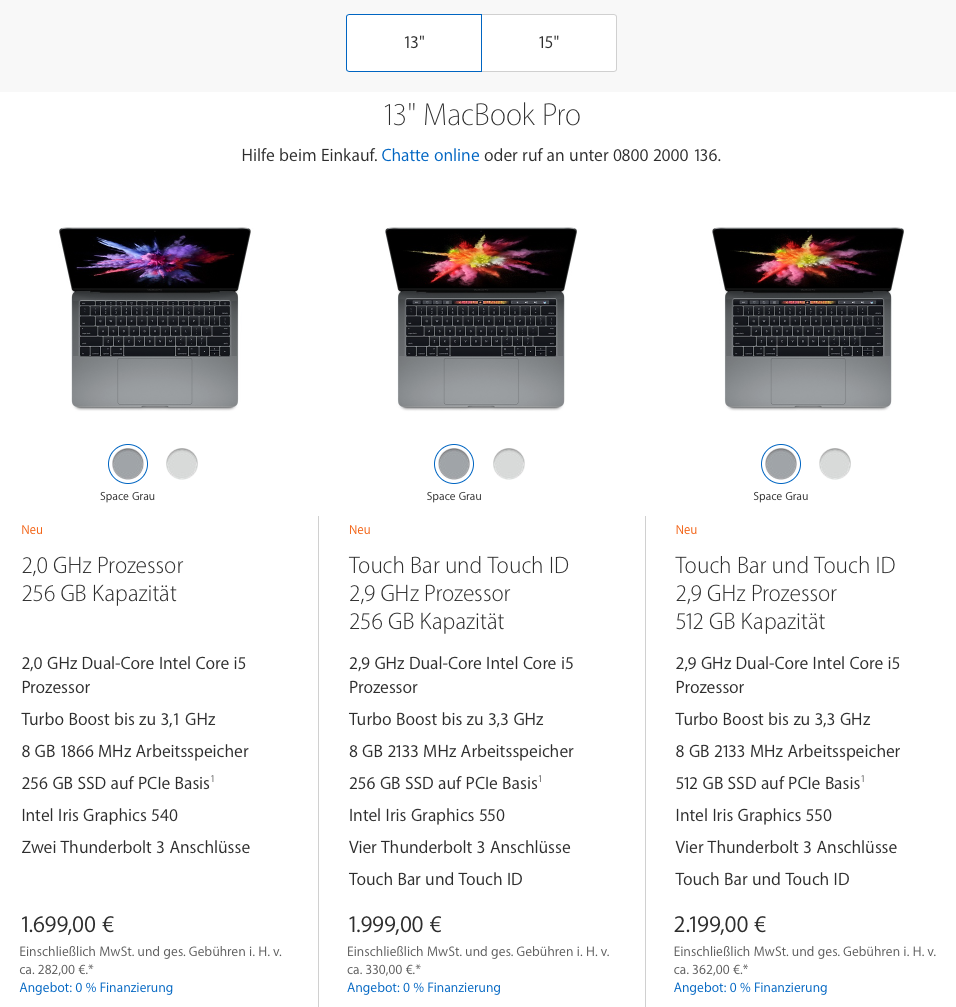 Apple Store Preisliste MacBook Pro 13 - Screenshot Apple.de