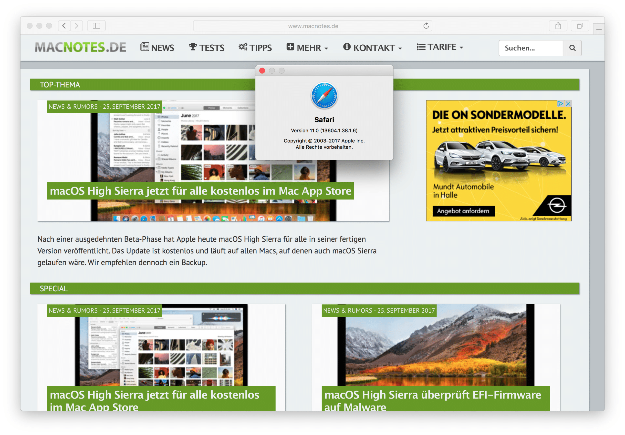 Safari 11 unter macOS High Sierra, Bild: Screenshot