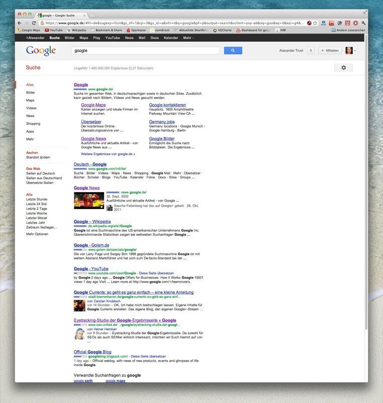 Ergebnisse der Google-Suche zum Keyword Google